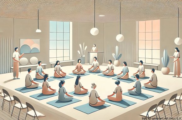 Entspannungstechniken gegen Stress Menschen sitzen in einem Raum zusammen und machen Yoga